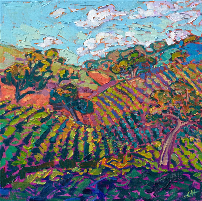 Paso Robles is, in my opinion, the most beautiful wine country America has to offer. The vineyards are planted on rolling hills, interspersed with ancient oak trees and winding country roads. This painting captures the beauty of California wine country with thick, impressionistic brushstrokes and expressive color.

"Vineyard Hill" is an original oil painting on linen board, done in Erin Hanson's signature Open Impressionism style. The piece arrives framed in a wide, mock floater frame finished in black with gold edging.

This piece will be displayed in Erin Hanson's annual <i><a href="https://www.erinhanson.com/Event/petiteshow2023">Petite Show</i></a> in McMinnville, Oregon. This painting is available for purchase now, and the piece will ship after the show on November 11, 2023.