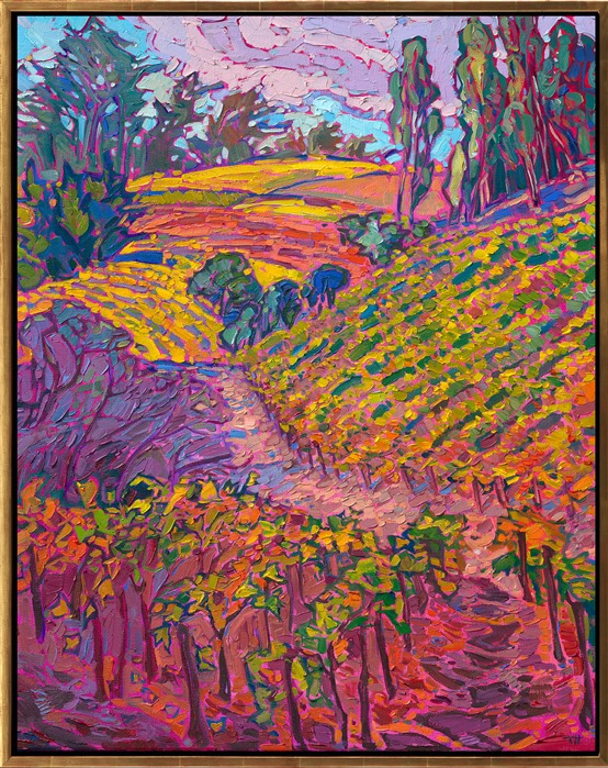 Overlapping layers of vines are drenched in autumn hues of burnt orange, mustard yellow, and amethyst purple. The thickly applied brush strokes are placed side-by-side, creating a textured tapestry of vineyard color. </p><p>"Vineyard Hues" is an original oil painting created on stretched canvas. The piece arrives framed in a 23kt burnished gold floater frame, ready to hang.