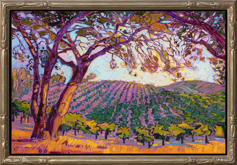 Prismatic, crystalline light filters through the branches of a California oak in this impressionist painting of Paso Robles wine country. The rows of grapevines catch the late afternoon light, transforming from cool shadow purples into warm hues of autumn. </p><p>"Vineyard Oak" was created on 1-1/2" canvas, with the painting continued around the edges. The piece arrives framed in a gold floating frame.