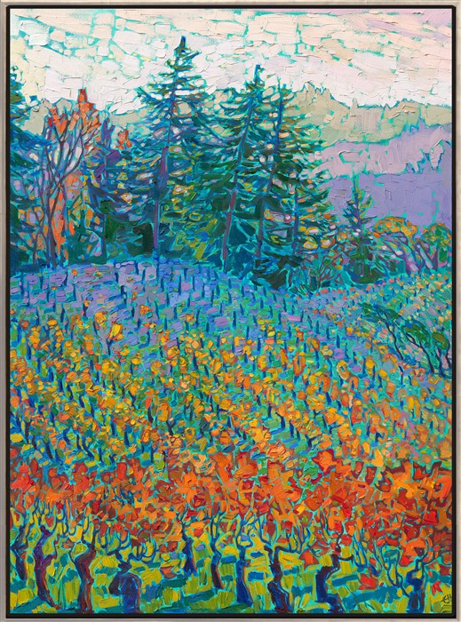 Oregon's Willamette Valley burst into flames of color this autumn, with rows of yellow grapevines hugging the contours of the foothills and valleys.  This painting captures the late afternoon light's rainbow hues as the sun dips toward the horizon. The brush strokes are thick and impressionistic, capturing the changing colors and light of the scene.</p><p>"Vineyard Pines" is an original oil painting on stretched canvas. The piece arrives framed in a burnished silver floater frame, ready to hang.
