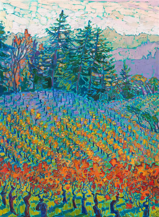 Oregon's Willamette Valley burst into flames of color this autumn, with rows of yellow grapevines hugging the contours of the foothills and valleys.  This painting captures the late afternoon light's rainbow hues as the sun dips toward the horizon. The brush strokes are thick and impressionistic, capturing the changing colors and light of the scene.</p><p>"Vineyard Pines" is an original oil painting on stretched canvas. The piece arrives framed in a burnished silver floater frame, ready to hang.
