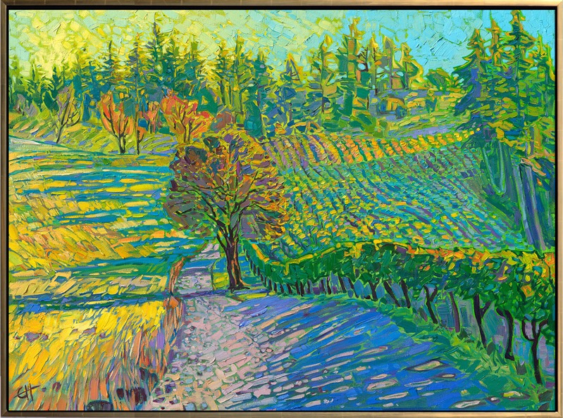Tall northwestern pine trees cast long shadows across the rolling hills of the Willamette Valley, Oregon's wine country. Apple green grass flows with color, bright by contrast with the royal blue shadows. Each brush stroke captures the vitality and motion of the landscape.</p><p>"Vineyard Shadows" is an original oil painting on stretched canvas. The piece arrives framed in a contemporary gold floater frame, ready to hang.</p><p><b>Please note:</b> This painting will be hanging in a museum exhibition until November 5th, 2023. This piece is included in the show <i><a href="https://www.erinhanson.com/Event/ErinHansonatBoneCreekMuseum">Erin Hanson: Color on the Vine</i></a> at the Bone Creek Museum of Agrarian Art in Nebraska. You may purchase the painting now, but you will not receive the painting until after the show ends in November 2023.