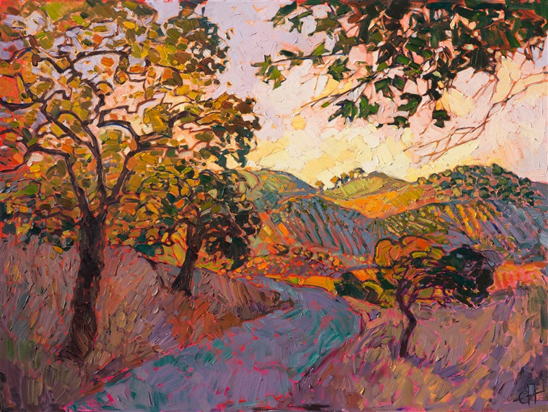 Winding roads lead you through the beautiful vineyards of Paso Robles.  The warm, soft light of late afternoon bathes the hillsides with saturated color.  Each brush stroke is alive and vibrant, capturing the feeling of being outdoors and experiencing the immediate beauty of the landscape.</p><p>This painting was created on 1-1/2" deep canvas, with the painting continued around the edges.  The painting has been framed in a gold floater frame and arrives ready to hang.