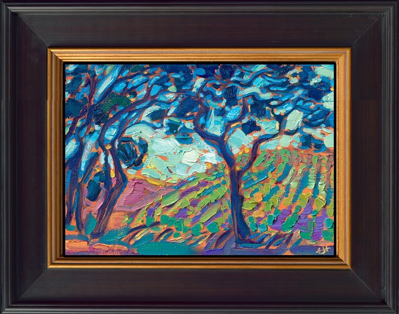 This miniature landscape painting captures a vineyard behind a stand of oak trees in Paso Robles, California. The petite work captures the beauty of California in the springtime.</p><p>"Vineyard and Oak" is an original oil painting on linen board, done in Erin Hanson's signature Open Impressionism style. The piece arrives framed in a wide, mock floater frame finished in black with gold edging.</p><p>This piece will be displayed in Erin Hanson's annual <i><a href="https://www.erinhanson.com/Event/petiteshow2023">Petite Show</i></a> in McMinnville, Oregon. This painting is available for purchase now, and the piece will ship after the show on November 11, 2023.