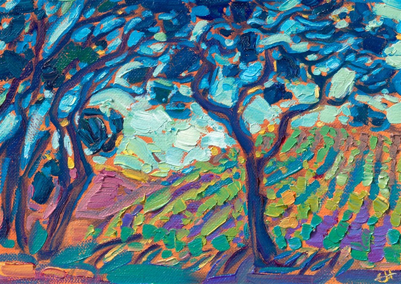 This miniature landscape painting captures a vineyard behind a stand of oak trees in Paso Robles, California. The petite work captures the beauty of California in the springtime.</p><p>"Vineyard and Oak" is an original oil painting on linen board, done in Erin Hanson's signature Open Impressionism style. The piece arrives framed in a wide, mock floater frame finished in black with gold edging.</p><p>This piece will be displayed in Erin Hanson's annual <i><a href="https://www.erinhanson.com/Event/petiteshow2023">Petite Show</i></a> in McMinnville, Oregon. This painting is available for purchase now, and the piece will ship after the show on November 11, 2023.