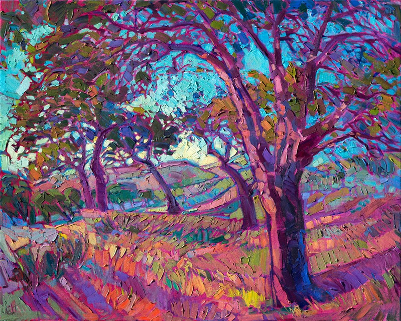Colors vibrate on the canvas in this oil painting of Paso Robles, central California's wine country.  The layers of grasses and hills are alive with motion and energy, seeming to leap from the canvas.  Each brush stroke is applied without layers, creating a thickly textured mosaic of light.</p><p>This painting was created on gallery-depth canvas, with the painting continued around the edges. This painting arrives framed in a beautiful hardwood floater frame, ready to hang.</p><p><a href="https://www.erinhanson.com/Blog?p=Vineyard-of-Color">Read more about this painting here!</a>