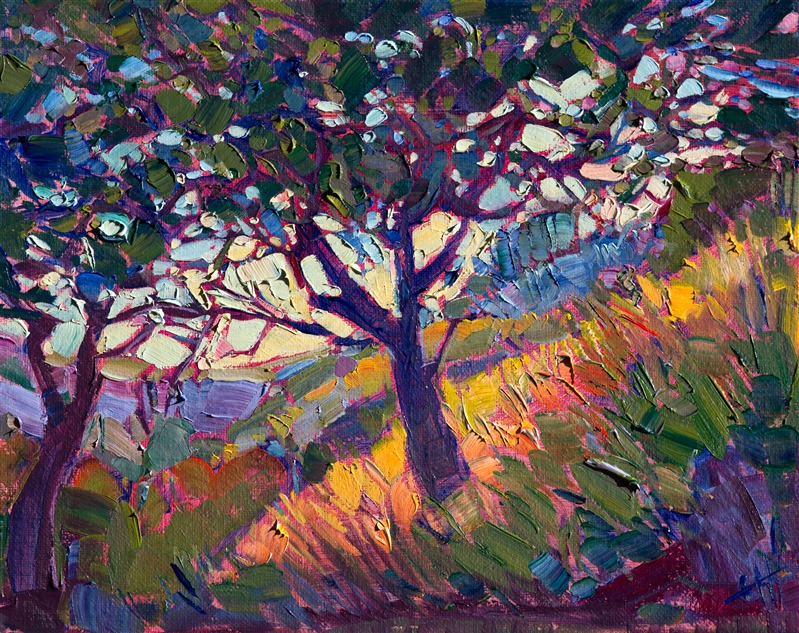 Violet lights flicker between the branches of these oak trees.  This painting was inspired by a horseback ride through east Paso Robes, California.</p><p>This small oil painting arrives framed and ready to hang.