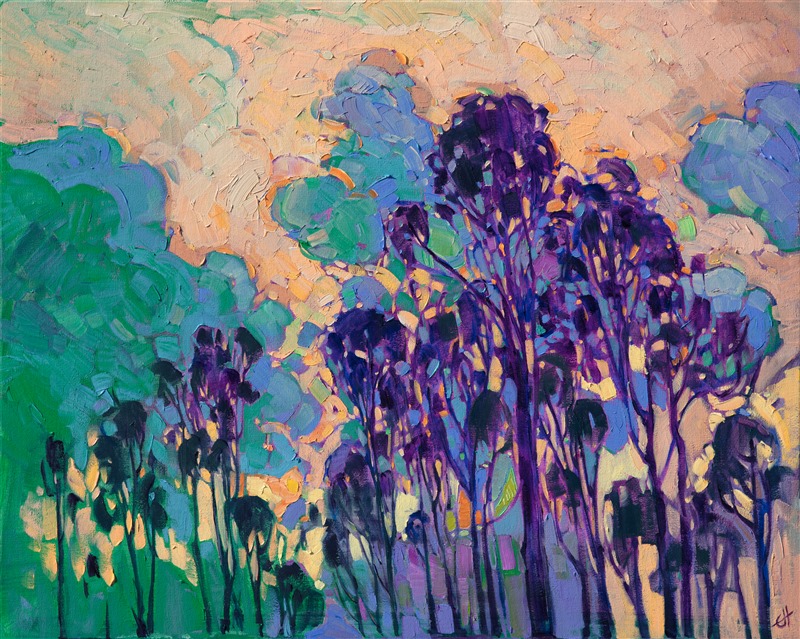 Viridian clouds rise beyond the line of eucalyptus trees, glowing in the winter light. The painting has a moody, abstract feel, that reminds me of driving home late at night in Scripps Ranch among the tall eucaluyptus, the foggy clouds lit up by the antique yellow street lights.

This painting was done on 1-1/2" painting, with the edges of the canvas painted as a continuation of the painting. The piece has been framed in a carved gold floater frame.