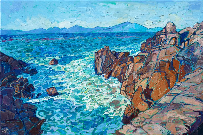 Cool green waters tumble between the coastal rocks of Pebble Beach on the Monterey penninsula.  The waters are alive with swirling motion and glimmering froth, a unique contrast against the immobile, rust-colored boulders.</p><p>This painting was created on 1-1/2" canvas, with the painting continued around the edges.  It arrives framed and ready to hang.