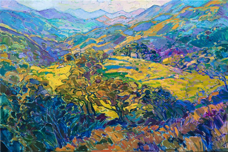 Dawn light plays over the apple-green hills of Carmel Valley, south of Monterey. The layered hills recede into hues of purple in the distance. The brush stroke are loose and impressionistic, capturing the light and movement of the outdoors.</p><p>This painting was done on 1-1/2" canvas, with the painting continued around the edges.  It has been framed in a hand-carved, gold floater frame.
