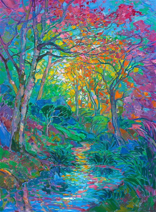Delicate afternoon light filters through the Japanese maple trees and onto the stream in this garden painting of Kyoto, Japan. The colors are vivid and impressionistic, capturing the mood of the landscape. </p><p>"Viridian Filigree" was created on 1-1/2" canvas, with the painting continued around the edges. The painting has been framed in a custom-made, gold floating frame.