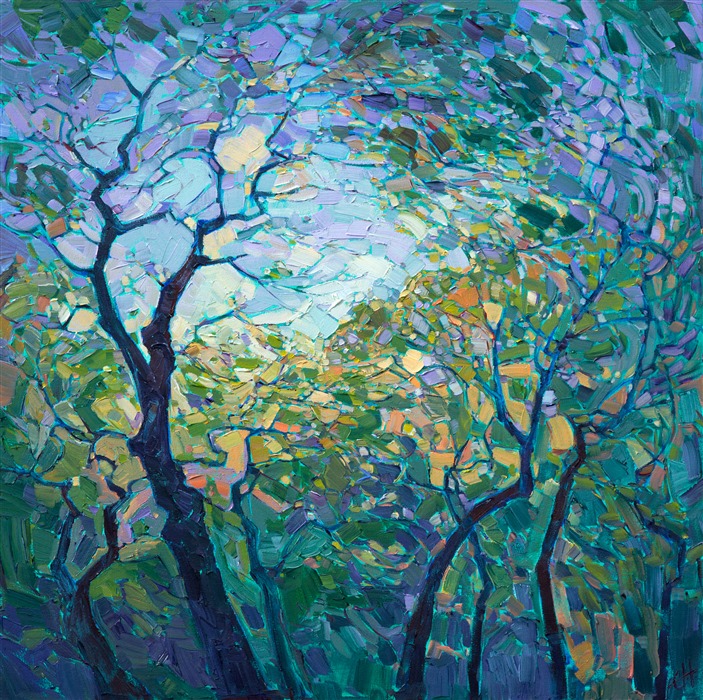 Viridian light filters through these oak trees, the multi-colored leaves catching and reflecting the sunlight.  The brush strokes are thickly applied, full of life and motion.  This painting was inspired by a springtime drive through Paso Robles wine country.</p><p>This painting was created on 1-1/2" deep canvas, with the painting continued around the edges. It has been framed in a gold floater frame.