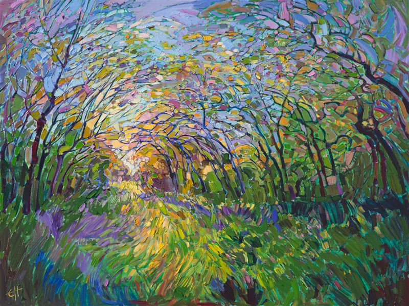 Viridian light from a newly risen sun casts long shadows across the verdant grasses of this Texan landscape.  The thickly applied paint strokes create a sense of motion throughout the canvas, the glowing colors forming a mosaic of light between the interlacing branches.</p><p>This painting was created on 1-1/2" deep canvas, with the painting continued around the edges of the painting. The painting has been framed in a gold floater frame and arrives wired and ready to hang.