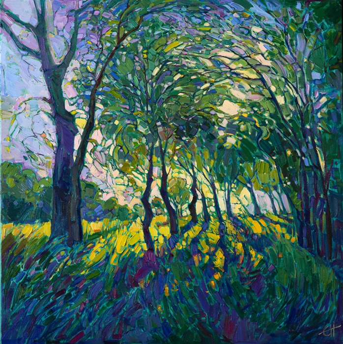 Glittering light filters through these entwining oak trees, the light seeming to flicker and change color as it glimmers down onto the spring-green grass.  The brush strokes are painterly and thickly applied, capturing the motion of the  branches, while the abstracted color has an expressionistic feel.</p><p>This painting was created on 1-1/2" deep canvas, with the painting continued around the edges.  It has been framed in a gold floater frame.