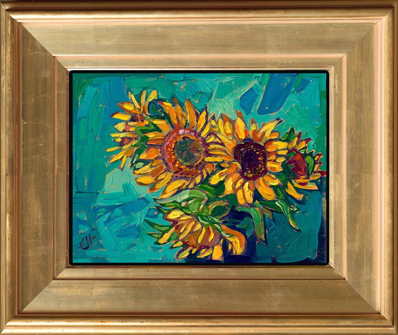 This petite painting captures the hues of golden sunflowers against a viridian backdrop. The oil paint is applied in thick, luscious brushstrokes, imbuing the painting with beautiful color and texture.