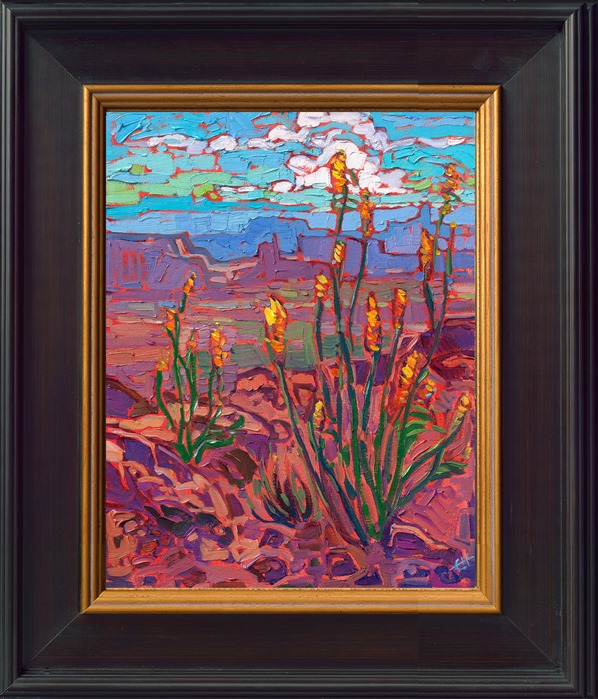 Layers of red rock buttes stretch far into the distance in this painting of Arizona's desert. Thick, impressionistic brush strokes come alive on the canvas, conveying a sense of motion and drama to the scene.</p><p>"Vista Buttes" is an original oil painting on linen board. The piece arrives framed in a plein air frame, ready to hang.