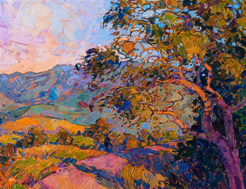 Magical color glows from the canvas in this oil painting of California wine country.  The rolling hills form a mosaic of color patterns behind the stately oak tree, while golden-hued grasses dance in the early summer light.  The brush strokes are thick and impressionistic, alive with energy and motion, while yet conveying a sense of peace and beauty.</p><p>