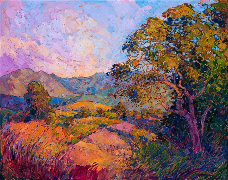 Magical color glows from the canvas in this oil painting of California wine country.  The rolling hills form a mosaic of color patterns behind the stately oak tree, while golden-hued grasses dance in the early summer light.  The brush strokes are thick and impressionistic, alive with energy and motion, while yet conveying a sense of peace and beauty.

