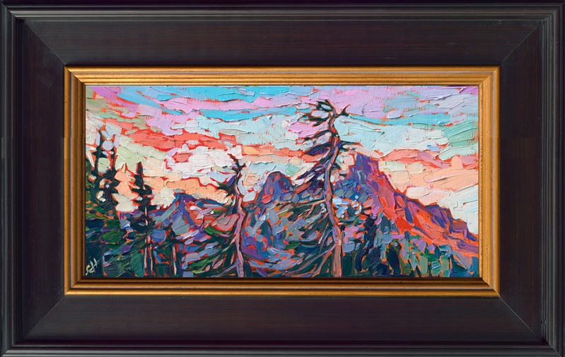 The jagged peaks of the Tatoosh Range are captured in this petite oil painting by Erin Hanson. Loose brush strokes capture the expressive color and movement of the scenery. </p><p>"Vista Peaks" is an original oil painting on linen board. The piece arrives framed in a custom-made, black and gold plein air frame.