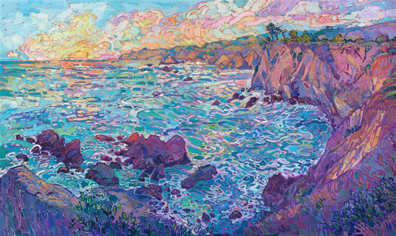 This vista point from a high bluff in Elk (just south of Mendocino) looks north to the famous Sea Stacks. The painting captures the grandeur and beautiful colors of the Northern California coastline. Thick brush strokes of oil paint create a sense of movement throughout the painting.