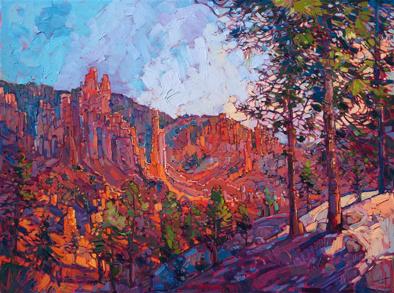 A stunning vista across Bryce Canyon, this painting captures the beauty and movement of this National Park.  The brush strokes scintillate with color and light, the thick paint gleaming in the ambient light.</p><p>This painting was created on standard depth canvas and has been framed in a beautiful gilded impressionist frame.