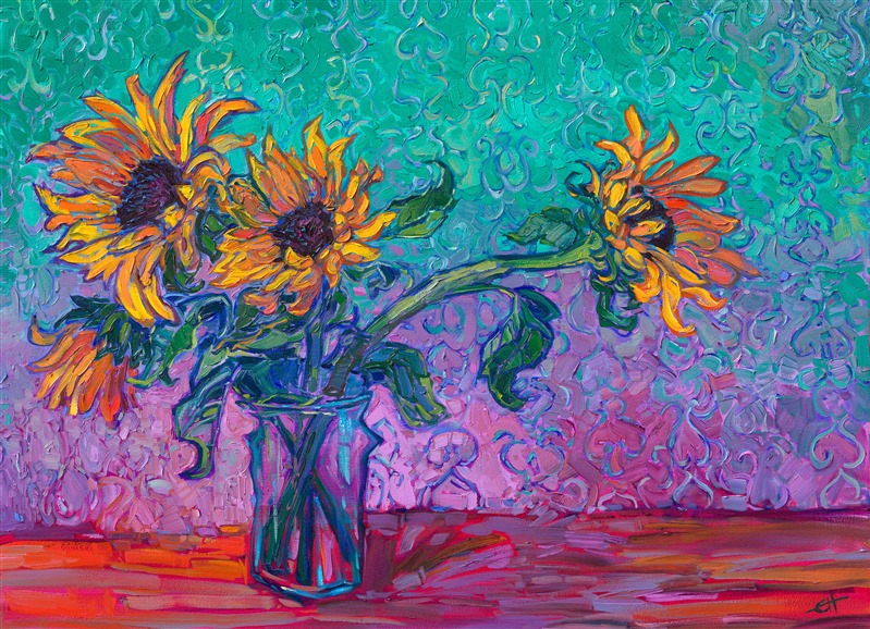 A vase of sunflowers poses before iridescently-hued wallpaper. Impressionistic color and thick, expressive brushstrokes bring the painting to life. This still-life painting will appear in Hanson's exhibition, <I>The Sunflower Show</i>.

"Wallpaper and Vase" is an original oil painting on stretched canvas. The piece arrives framed in a contemporary gold floater frame, ready to hang.