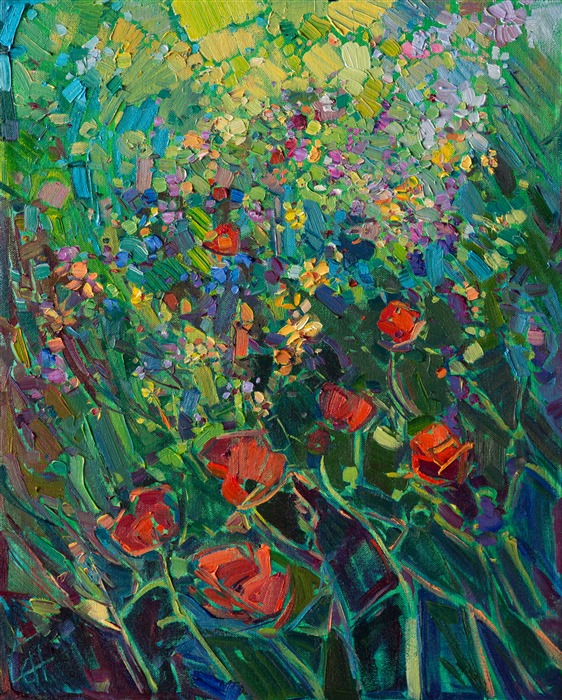 An abstract wash of color bursts from this small canvas.  The California desert poppies are richly colored, a beautiful contrast against the spring green grasses.</p><p>This painting was created on 3/4"-deep canvas. It has been framed in a beautiful complementary plein air frame and arrives wired and ready to hang.