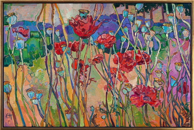 I was photographing the lavender fields in Sequim, Washington, when I came across this patch of red poppies. The pop of red against the lavender and tan ground inspired me to create this abstracted landscape painting. The thick brush strokes and subtle color changes capture the beauty of this northwestern scene.