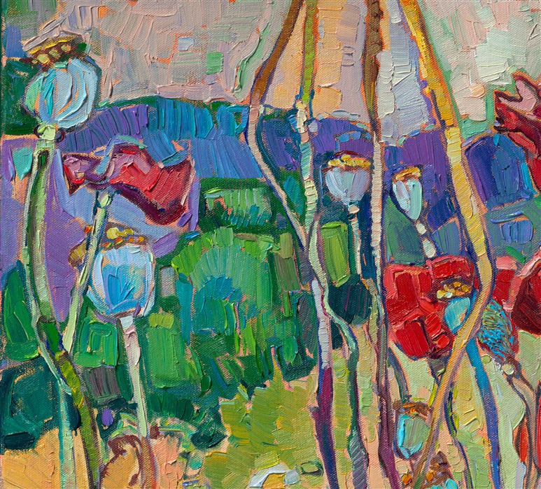 I was photographing the lavender fields in Sequim, Washington, when I came across this patch of red poppies. The pop of red against the lavender and tan ground inspired me to create this abstracted landscape painting. The thick brush strokes and subtle color changes capture the beauty of this northwestern scene.