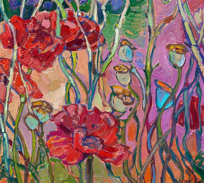 I was photographing the lavender fields in Sequim, Washington, when I came across this patch of red poppies. The pop of red against the lavender and tan ground inspired me to create this abstracted landscape painting. The thick brush strokes and subtle color changes capture the beauty of this northwestern scene.