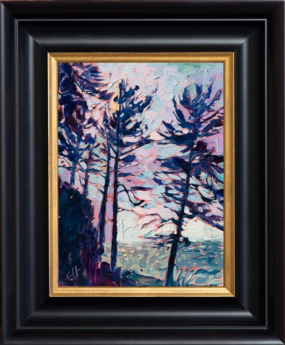 Along the very northern tip of Washington, there is a long spit of land that traverses a mile out into the ocean, forming Dungeness Bay. The pine trees growing at the edge of the bluff overlooking the bay area wind-sculpted and alive with character. </p><p>This painting was done on linen board, and it has been framed in a black and gold plein-air frame.