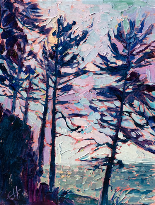 Along the very northern tip of Washington, there is a long spit of land that traverses a mile out into the ocean, forming Dungeness Bay. The pine trees growing at the edge of the bluff overlooking the bay area wind-sculpted and alive with character. </p><p>This painting was done on linen board, and it has been framed in a black and gold plein-air frame.