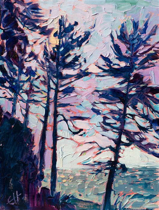Along the very northern tip of Washington, there is a long spit of land that traverses a mile out into the ocean, forming Dungeness Bay. The pine trees growing at the edge of the bluff overlooking the bay area wind-sculpted and alive with character. 

This painting was done on linen board, and it has been framed in a black and gold plein-air frame.