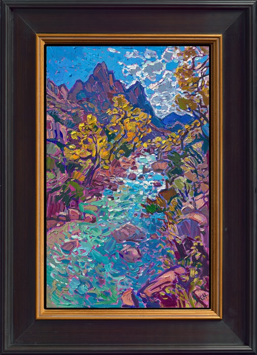 The Watchman peak in Zion National Park is captured on a petite canvas in a contemporary impressionism style by Open Impressionist painter Erin Hanson. The thickly applied brush strokes communicate the movement and texture of the landscape scene. This painting was inspired by an October hike down Pa'rus Trail in Zion.