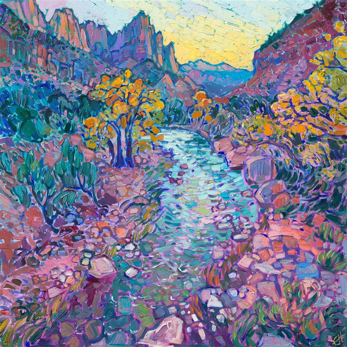 The view from the bridge in Zion, overlooking the river and the Watchman in the distance, is one of my favorite views to paint in Zion National Park. The turquoise waters seem to capture the very light from the darkening sky. I used thick, expressive brush strokes to capture the red rocks and mountains of Zion, laying my strokes side by side without overlapping.<br/><b>Note:<br/>"Watchman at Zion" is available for pre-purchase and will be included in the <i><a href="https://www.erinhanson.com/Event/SearsArtMuseum" target="_blank">Erin Hanson: Landscapes of the West</a> </i>solo museum exhibition at the Sears Art Museum in St. George, Utah. This museum exhibition, located at the gateway to Zion National Park, will showcase Erin Hanson's largest collection of Western landscape paintings, including paintings of Zion, Bryce, Arches, Cedar Breaks, Arizona, and other Western inspirations. The show will be displayed from June 7 to August 23, 2024.</p><p>You may purchase this painting online, but the artwork will not ship after the exhibition closes on August 23, 2024.</b><br/><p>