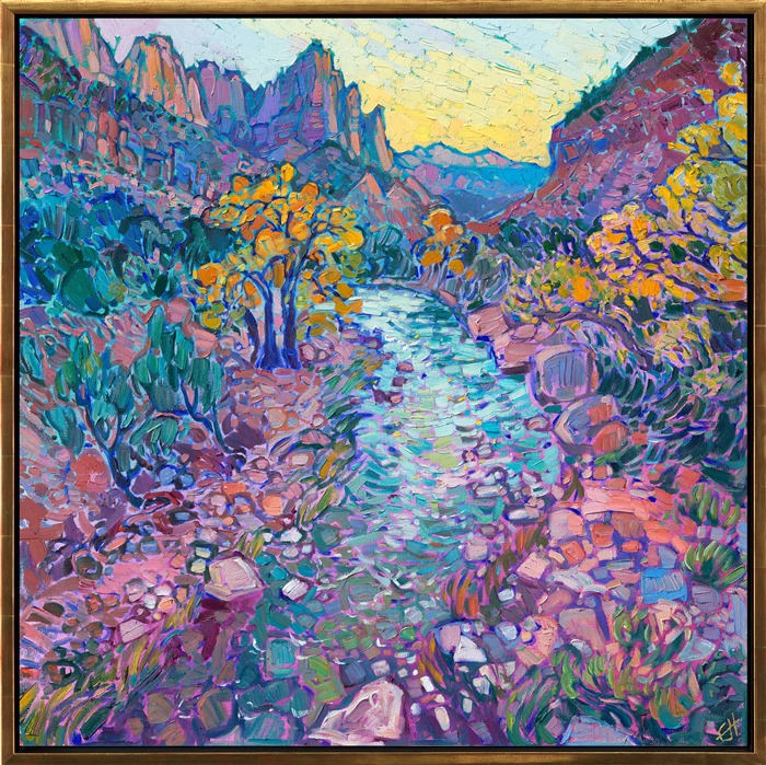 The view from the bridge in Zion, overlooking the river and the Watchman in the distance, is one of my favorite views to paint in Zion National Park. The turquoise waters seem to capture the very light from the darkening sky. I used thick, expressive brush strokes to capture the red rocks and mountains of Zion, laying my strokes side by side without overlapping.<br/><b>Note:<br/>"Watchman at Zion" is available for pre-purchase and will be included in the <i><a href="https://www.erinhanson.com/Event/SearsArtMuseum" target="_blank">Erin Hanson: Landscapes of the West</a> </i>solo museum exhibition at the Sears Art Museum in St. George, Utah. This museum exhibition, located at the gateway to Zion National Park, will showcase Erin Hanson's largest collection of Western landscape paintings, including paintings of Zion, Bryce, Arches, Cedar Breaks, Arizona, and other Western inspirations. The show will be displayed from June 7 to August 23, 2024.</p><p>You may purchase this painting online, but the artwork will not ship after the exhibition closes on August 23, 2024.</b><br/><p>
