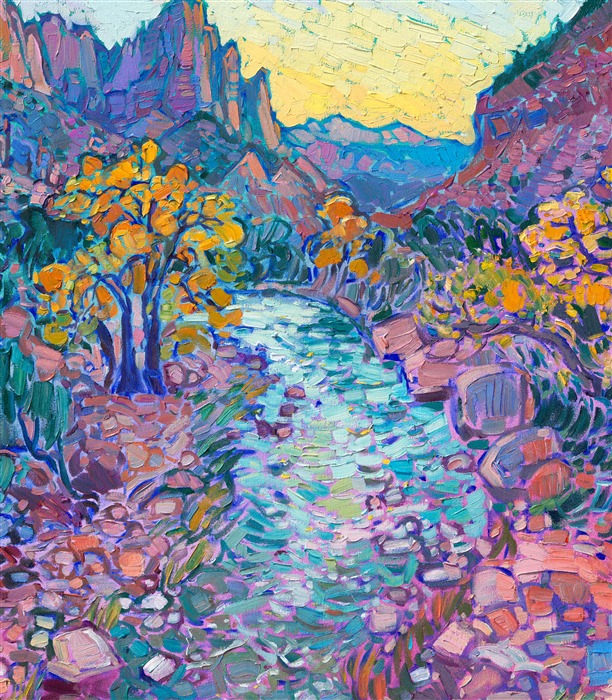 The view from the bridge in Zion, overlooking the river and the Watchman in the distance, is one of my favorite views to paint in Zion National Park. The turquoise waters seem to capture the very light from the darkening sky. I used thick, expressive brush strokes to capture the red rocks and mountains of Zion, laying my strokes side by side without overlapping.</p><p>This painting was exhibited at <i>Erin Hanson: Landscapes of the West </i> solo museum exhibition at the Sears Art Museum in St. George, Utah.