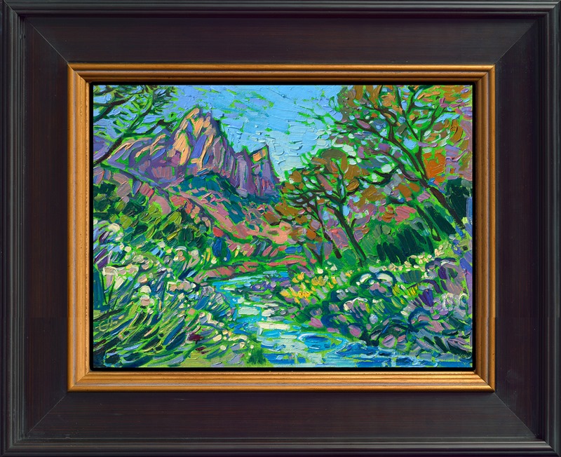 This petite oil painting captures the vibrant hues of Watchman in Zion National Park. Impasto brush strokes of oil capture the scintillating colors of the landscape.</p><p>This painting was exhibited at <i>Erin Hanson: Landscapes of the West </i> solo museum exhibition at the Sears Art Museum in St. George, Utah.