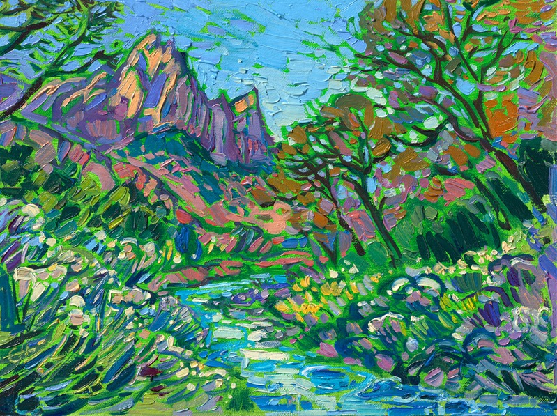 This petite oil painting captures the vibrant hues of Watchman in Zion National Park. Impasto brush strokes of oil capture the scintillating colors of the landscape.

This painting was exhibited at <i>Erin Hanson: Landscapes of the West </i> solo museum exhibition at the Sears Art Museum in St. George, Utah.
