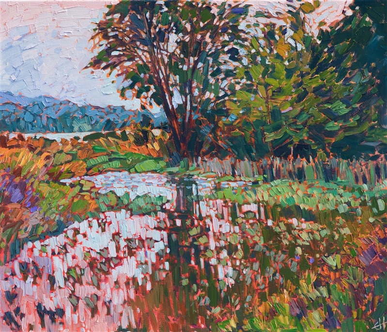 Sparkling reflections of Northwest color dance across the water in this painting of northern Washington state. The wet marsh is filled with a multitude of textures and greenery, which form a beautiful mosaic of color across the canvas.</p><p>This painting was done on 1-1/2" canvas, with the painting continued around the edges of the canvas, and it has been framed in a custom, gold-leaf floater frame. The painting arrives ready to hang.<br/>