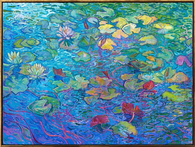 Modern master of impressionism Erin Hanson follows in the footsteps of Monet and the first impressionists in capturing the beauty and movement of water lilies among water reflections. Thick brush strokes are laid side-by-side to capture the transient beauty of the scene, in Hanson's iconic Open Impressionism style.</p><p>"Water Lilies in Bloom" is an original oil painting done on 1-1/2" deep canvas. The piece arrives framed in a burnished gold leaf floater frame, the perfect blend of traditional and contemporary.