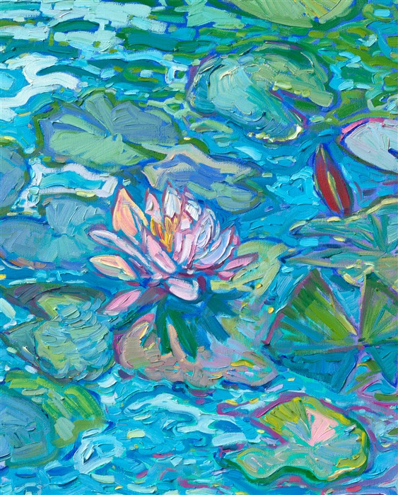 Modern master of impressionism Erin Hanson follows in the footsteps of Monet and the first impressionists in capturing the beauty and movement of water lilies among water reflections. Thick brush strokes are laid side-by-side to capture the transient beauty of the scene, in Hanson's iconic Open Impressionism style.</p><p>"Water Lilies in Bloom" is an original oil painting done on 1-1/2" deep canvas. The piece arrives framed in a burnished gold leaf floater frame, the perfect blend of traditional and contemporary.