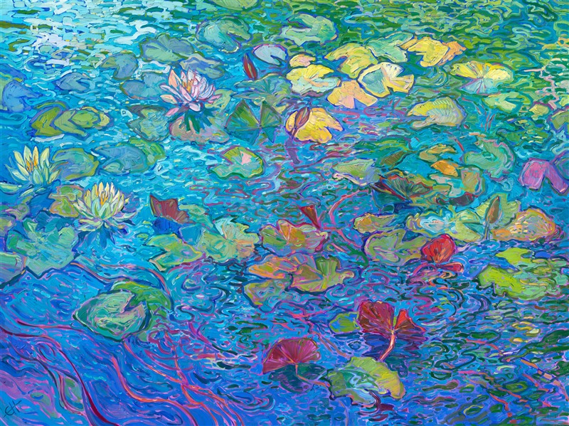 Modern master of impressionism Erin Hanson follows in the footsteps of Monet and the first impressionists in capturing the beauty and movement of water lilies among water reflections. Thick brush strokes are laid side-by-side to capture the transient beauty of the scene, in Hanson's iconic Open Impressionism style.</p><p>"Water Lilies in Bloom" is an original oil painting done on 1-1/2" deep canvas. The piece arrives framed in a burnished gold leaf floater frame, the perfect blend of traditional and contemporary.
