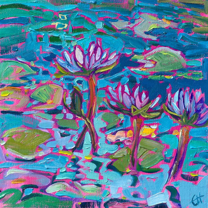 Loose brush strokes and expressive color capture the iconic water lily with impressionistic vivacity. This painting comes alive with contrasting patterns and rhythms within the brushwork.</p><p>"Water Lilies in Petite" is an original oil painting on linen board, done in Erin Hanson's signature Open Impressionism style. The piece arrives framed in a wide, mock floater frame finished in black with gold edging.</p><p>This piece will be displayed in Erin Hanson's annual <i><a href="https://www.erinhanson.com/Event/petiteshow2023">Petite Show</i></a> in McMinnville, Oregon. This painting is available for purchase now, and the piece will ship after the show on November 11, 2023.