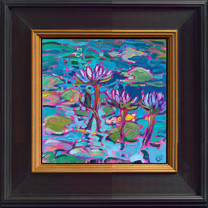 Loose brush strokes and expressive color capture the iconic water lily with impressionistic vivacity. This painting comes alive with contrasting patterns and rhythms within the brushwork.</p><p>"Water Lilies in Petite" is an original oil painting on linen board, done in Erin Hanson's signature Open Impressionism style. The piece arrives framed in a wide, mock floater frame finished in black with gold edging.</p><p>This piece will be displayed in Erin Hanson's annual <i><a href="https://www.erinhanson.com/Event/petiteshow2023">Petite Show</i></a> in McMinnville, Oregon. This painting is available for purchase now, and the piece will ship after the show on November 11, 2023.