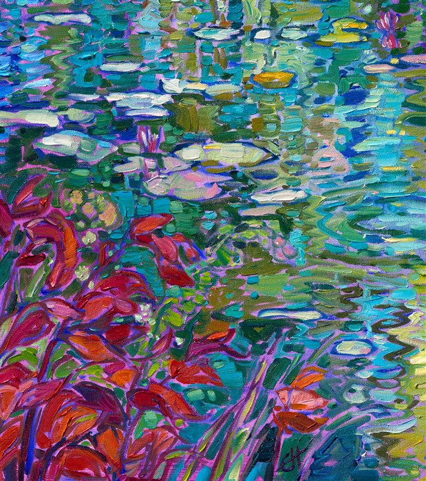 An homage to Claude Monet, this painting captures his water lily pond in Giverny. The brush strokes are loose and impressionstic, capturing the verdant reflections of Monet's garden. Erin Hanson's Open Impressionism style is a modern version of classic French impressionism, with a dose of "van Gogh" and early California plein air technique.