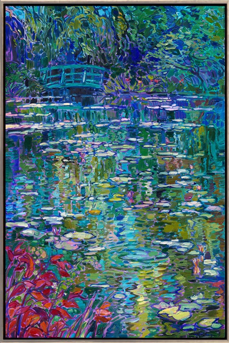 An homage to Claude Monet, this painting captures his water lily pond in Giverny. The brush strokes are loose and impressionstic, capturing the verdant reflections of Monet's garden. Erin Hanson's Open Impressionism style is a modern version of classic French impressionism, with a dose of "van Gogh" and early California plein air technique.