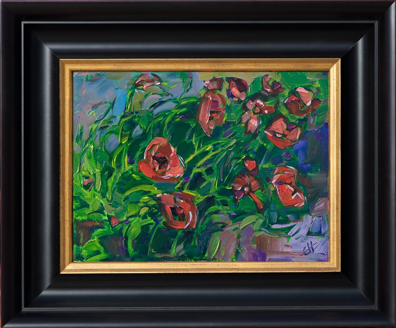 Loose, painterly brush strokes capture a grouping of red poppies during the spring super bloom of 2017. This expressive petite oil painting will be framed in a gold plein air frame and arrives ready to hang.</p><p>This painting will be displayed at <a href="https://www.erinhanson.com/event/californiasuperbloomartexhibition">The Super Bloom Show</a>, September 9th, at The Erin Hanson Gallery in San Diego.  If you purchase this painting before the show, your piece will be shipped to you after September 9th.