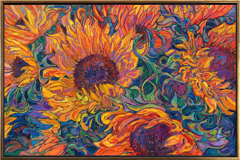 Fresh, farm-cut sunflowers lie in a bed of curling leaves. The long petals of the sunflower are a beautiful contrast to the large, full heads. The brush strokes are loose and impressionistic, full of expressive rhythm and texture. </p><p>"Waves of Sunflowers" is an original oil painting created on stretched canvas. The piece arrives framed in a contemporary gold floater frame, ready to hang.