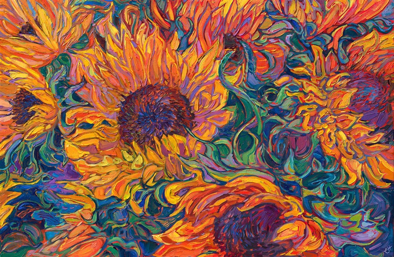 Fresh, farm-cut sunflowers lie in a bed of curling leaves. The long petals of the sunflower are a beautiful contrast to the large, full heads. The brush strokes are loose and impressionistic, full of expressive rhythm and texture. </p><p>"Waves of Sunflowers" is an original oil painting created on stretched canvas. The piece arrives framed in a contemporary gold floater frame, ready to hang.